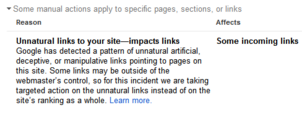Screen shot of Google Manual Action with partial penalty