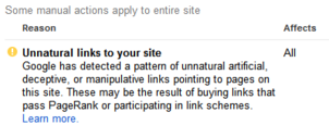 Screen shot of Google Manual Action with complete website penalty